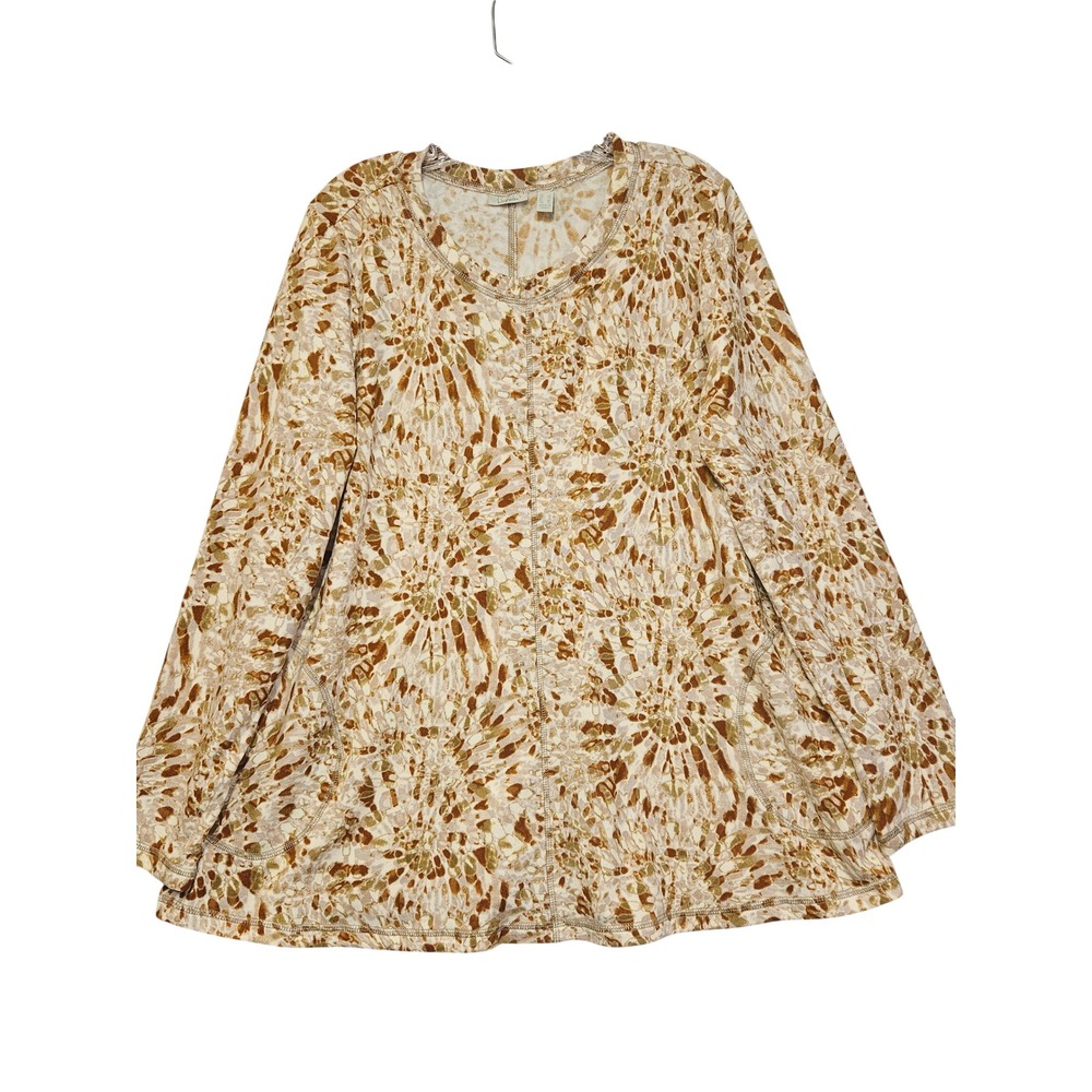 Logo Lounge Womens Large Tie Dye Sunburst Long Sleeve Scoop Neck Top Tan Brown